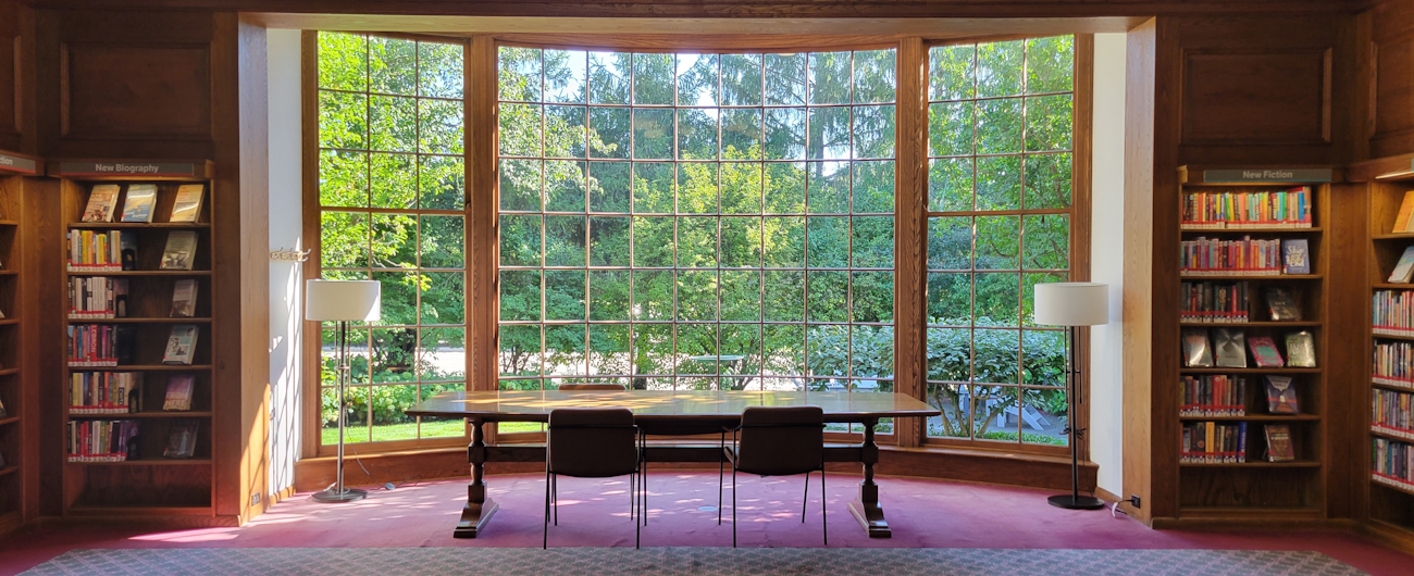 A photo of the bay window in the Johnson Room on a sunny summer morning