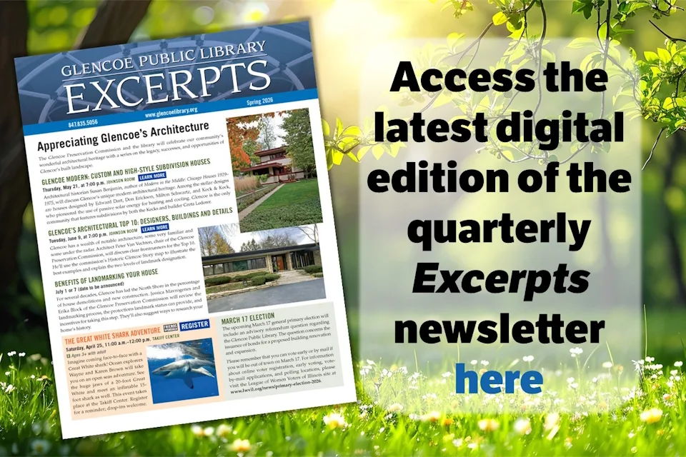 An image of the cover of the Spring 2026 issue of "Excerpts" over a background image of a sunlit forest with wildflowers. Text beside the image reads, "Access the latest digital edition of the quarterly Excerpts newsletter here"